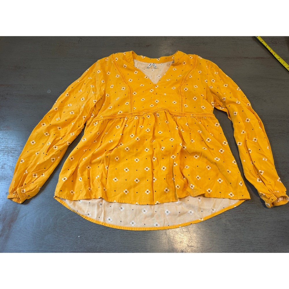 Mudd Mustard Yellow Floral Babydoll Top Long Sleeve Crochet Lace V-Neck Large